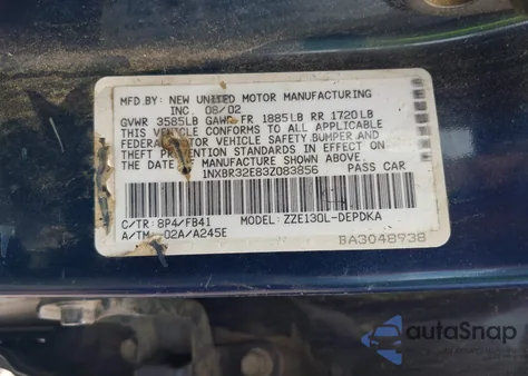 2003 Toyota Corolla Ce from USA, damaged, VIN 1NXBR32E83Z083856